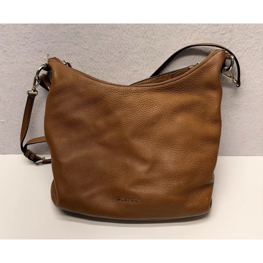 Michael Kors Lupita Large Hobo Bag Cognac Brown Pebbled Leather Crossbody